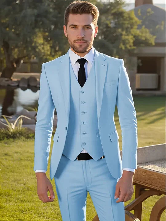 Elegant men's formal three-piece suit showcasing modern tailoring and sophisticated style