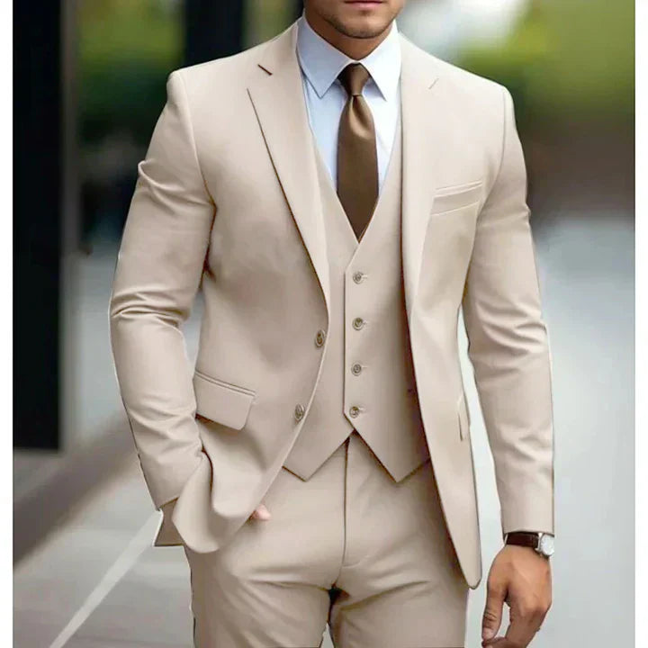 Light tone three-piece suit showcasing sophisticated elegance and modern tailoring