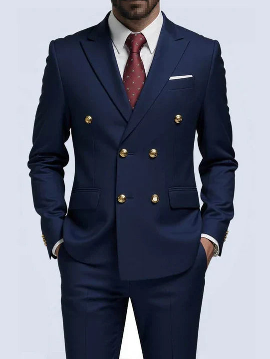 Double-breasted suit with gold buttons showcasing power dressing and executive style