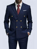 Double-breasted suit with gold buttons showcasing power dressing and executive style