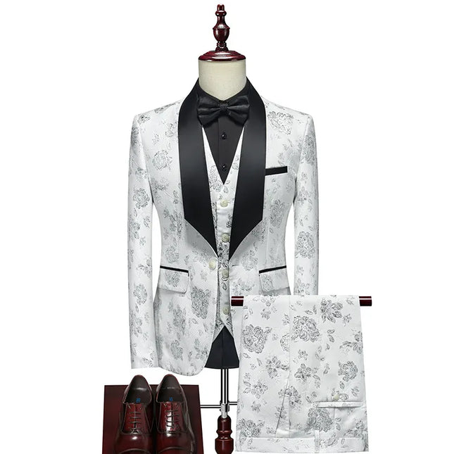 Men's Jacquard Three Piece Suit #S8200-1 - Suits | White / XS