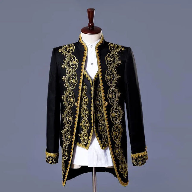 Men's Solid Gold Embroidery Suit #S8169 - Suits | Black / XS