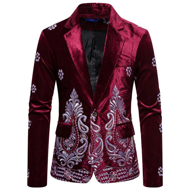 Men's Velvet Embroidery Blazer #S8174-1 - Blazers | Red / XS