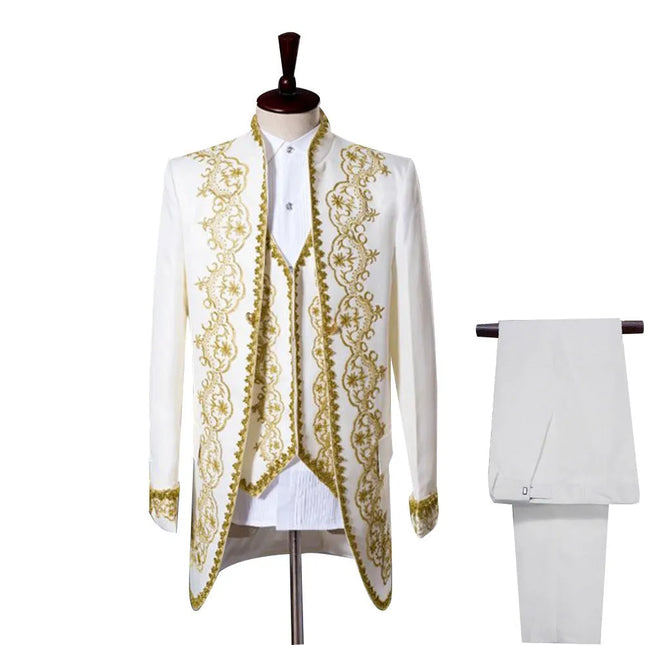 Men's Solid Gold Embroidery Suit #S8169 - Suits | White / XS