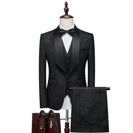 Men's Jacquard Three Piece Suit #S8200-1 - Suits | Black / XS