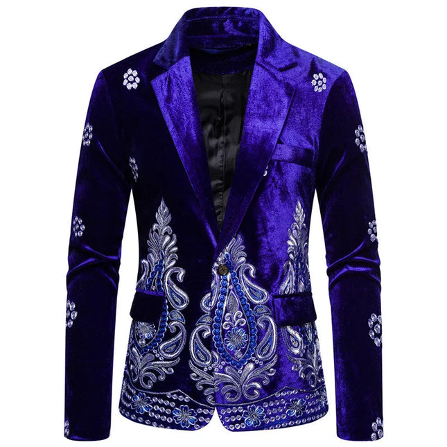 Men's Velvet Embroidery Blazer #S8174-1 - Blazers | Blue / XS