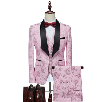 Men's Jacquard Three Piece Suit #S8200-1 - Suits | Pink / XS