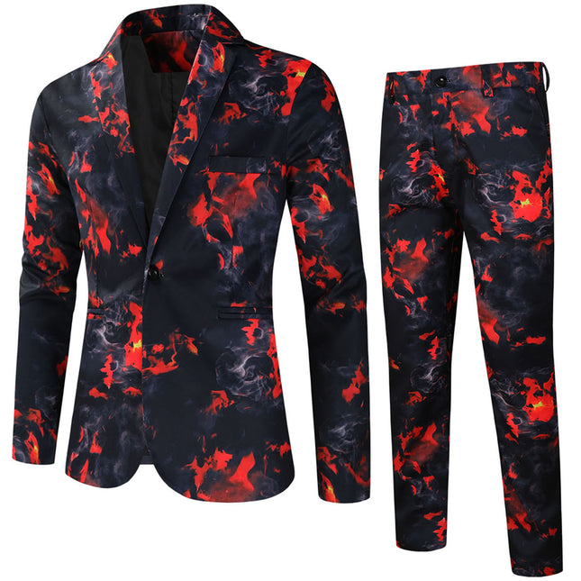 Men's Flame Print Suit Set - Red & Black Camouflage Blazer and Pants - Suits | Multicolour / M