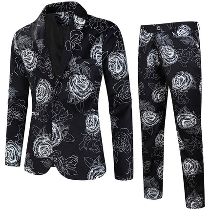 Men's Black & White Rose Print Suit Set - Floral Slim Fit Blazer and Pants - Suits | Multicolor / M