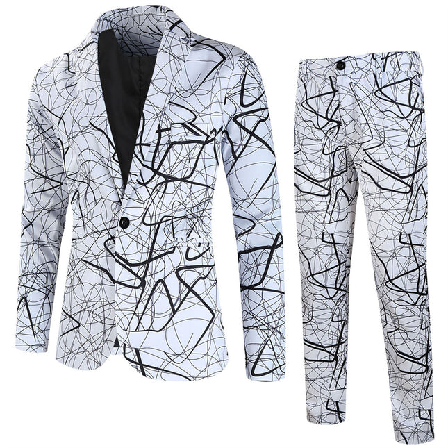 Men's Graffiti Print Art Suit Set - Black & White Trendy Blazer and Pants - | Multicolour / M