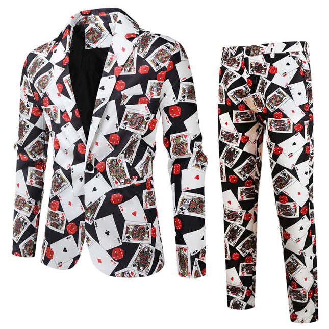 Men's Poker Print Suit Set – Casino Style Blazer & Pants - Suits | Multicolour / M