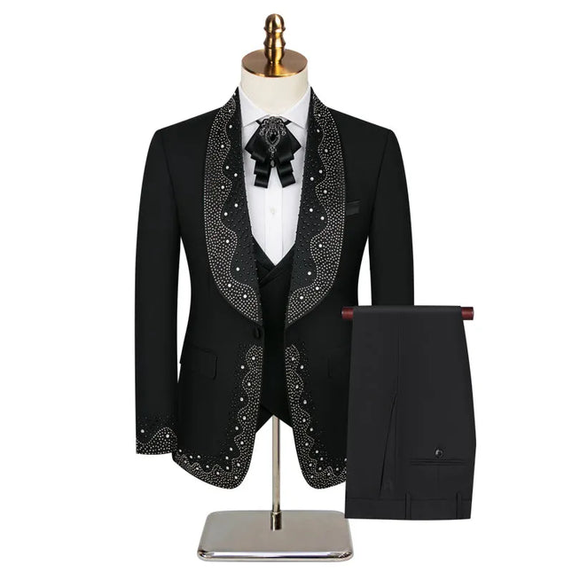 Men's 3 Piece Stylish Dotted Suit #S8284 - Suits | Black / XS