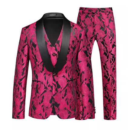 Men's Floral Texture 3-Piece Suit #S8523-3 - Suits | Pink / XS