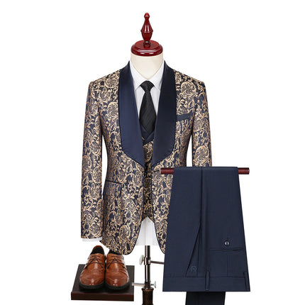 Men's 3 Piece Luxurious Jacquard Suit #S8586 - Suits | Golden / XS