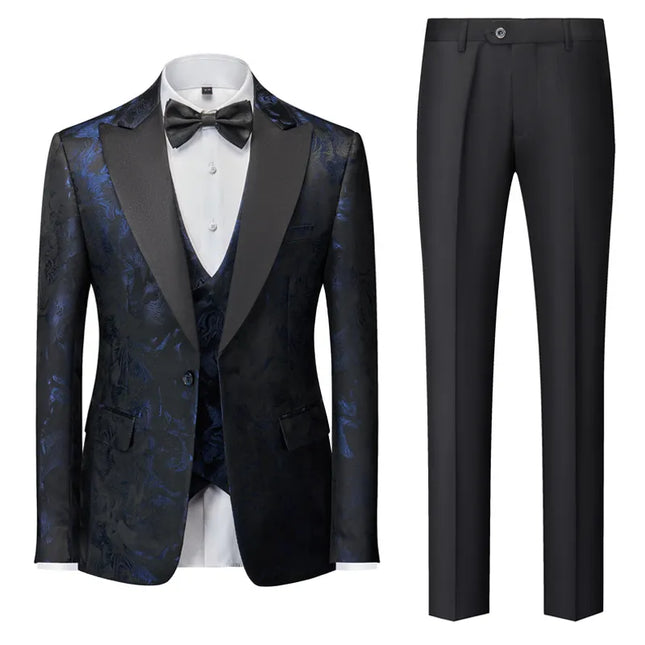 Men's Floral Texture 3-Piece Suit #S8539 - Suits | Blue / XS