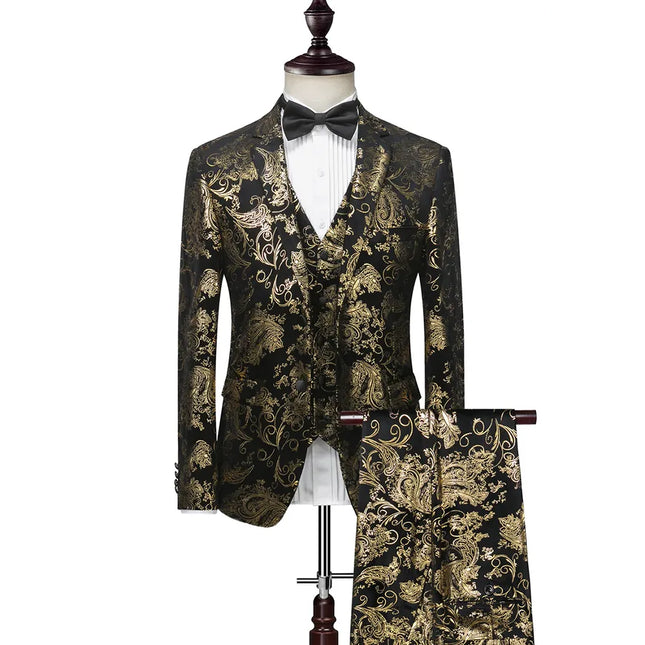 Men's Gold Foil-Embossed Three Piece Suit  #S8134