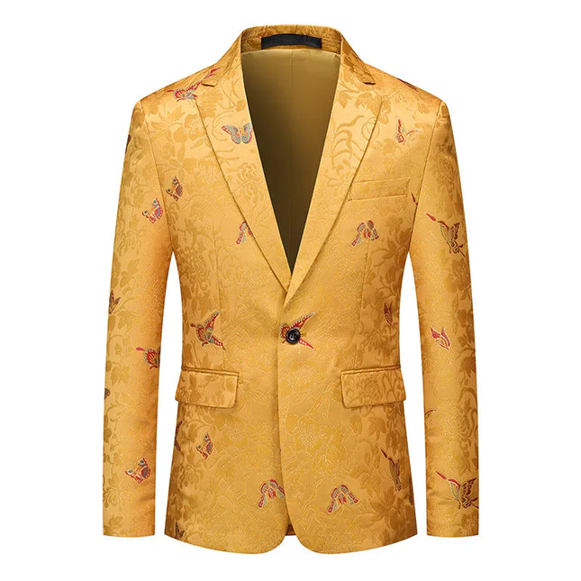 Men's Butterfly Embroidered Jacquard Blazer #S8507 - Blazers | Yellow / XS