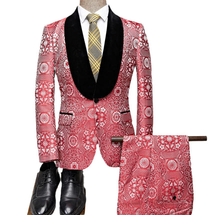 Men's Ornate Jacquard Suit #S8565 - Suits | Red / XS