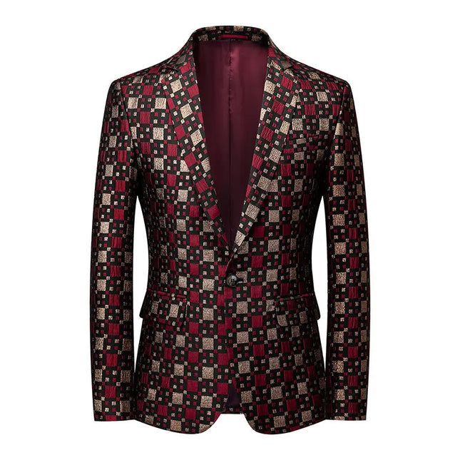 Men's Embroidered Elegance Plaid Blazer #S8540 - Blazers | Red / XS