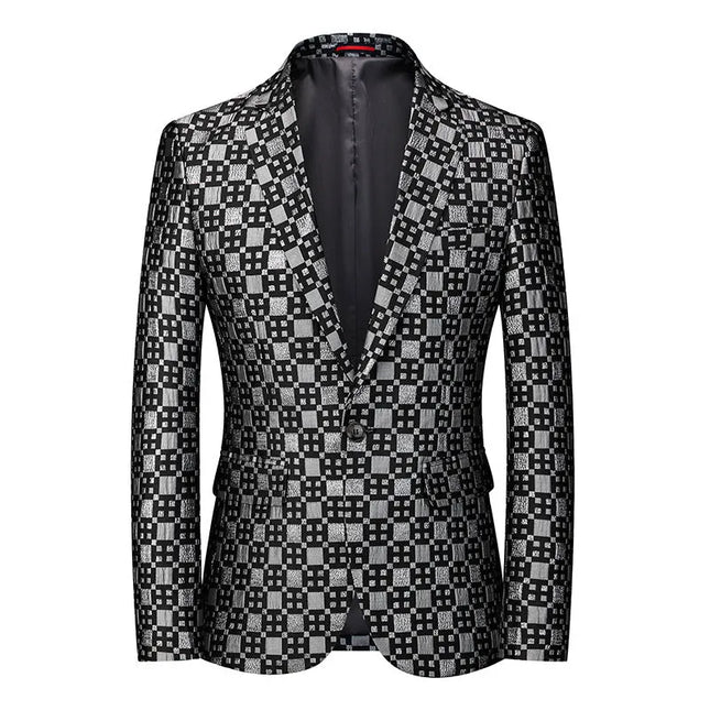 Men's Embroidered Elegance Plaid Blazer #S8540 - Blazers | Silver / XS