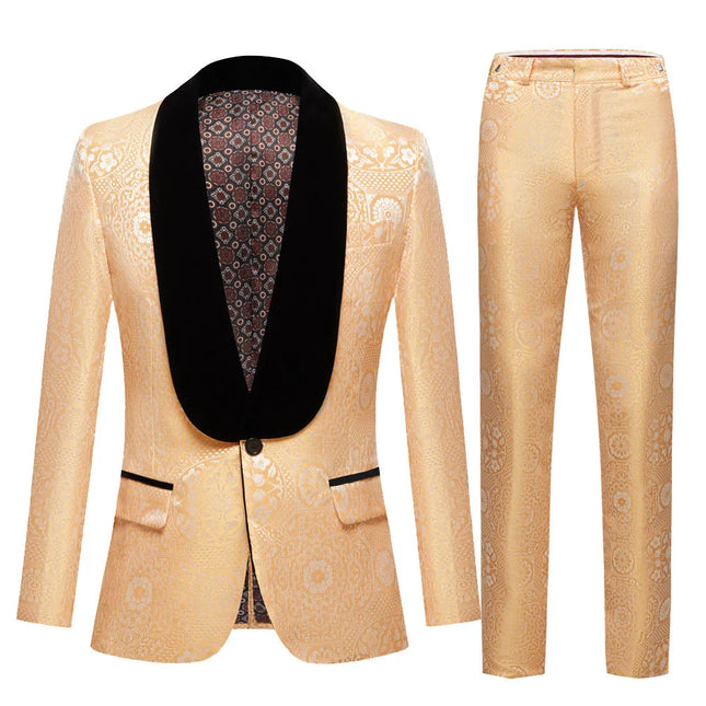 Men's Ornate Jacquard Suit #S8565 - Suits | Yellow / XS
