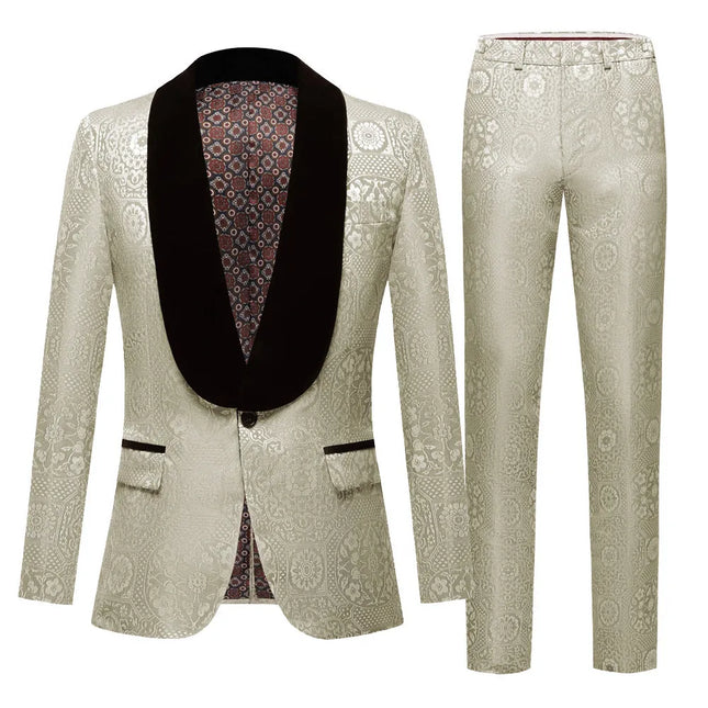 Men's Ornate Jacquard Suit #S8565 - Suits | Green / XS