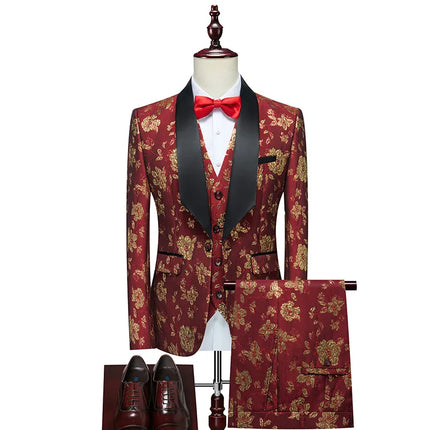 Men's Jacquard Three Piece Suit #S8200-1 - Suits | Golden-Red / XS