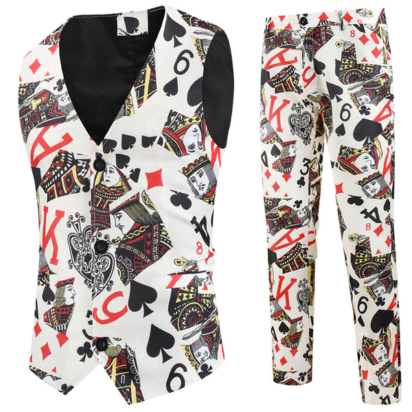 Men's Poker Print Vest Suit