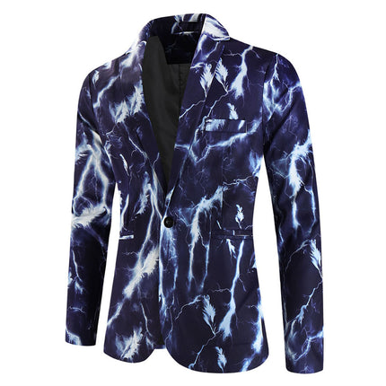 Men’s Electric Lightning Print Blazer – Bold Thunderstorm Suit Jacket - Blazers | Navy Blue / M
