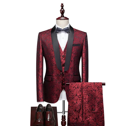 Men's 3 Piece Wedding Suit #K8138 - Suits | Red / XS