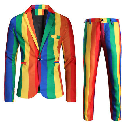 Men's Rainbow Stripe Suit Set | Bold Party & Festival Outfit - Suits | Multicolour / M