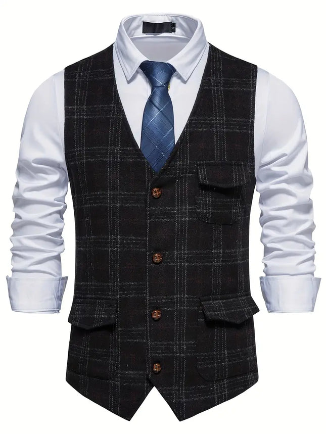 Men's Vintage Plaid Vest #25061128 - Vests | Black / M