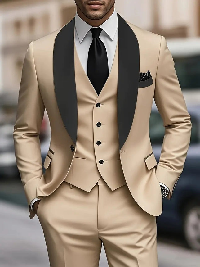 Men's Three Piece Suit Wedding Groom Formal Wear - | Beige / XS
