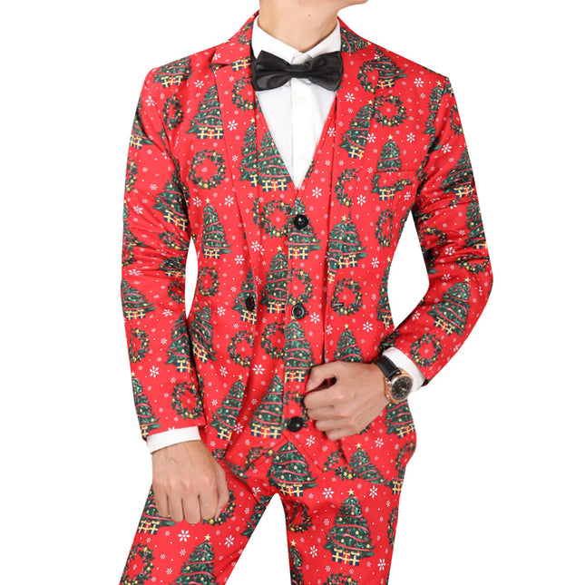 Men’s Funny Christmas Suit – Red Holiday Tree & Wreath Outfit