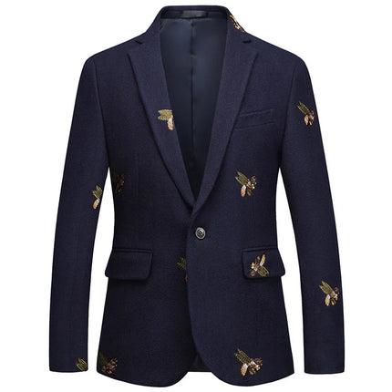 Men's Honeybee Embroidery Velvet Blazer #S8162 - Blazers | Navy Blue / XS