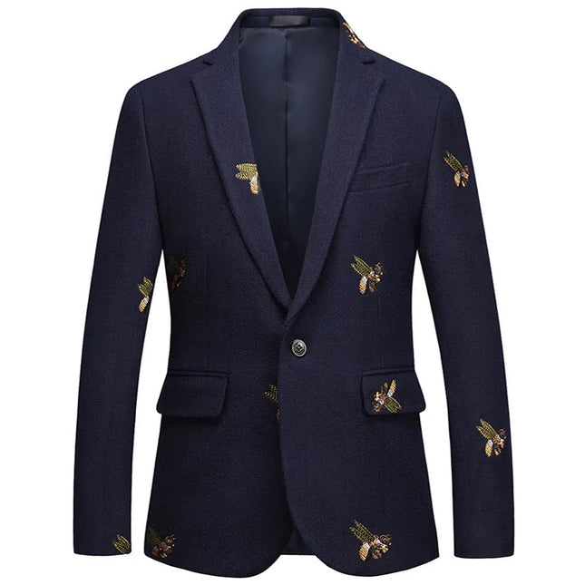 Men's Honeybee Embroidery Velvet Blazer #S8162 - Blazers | Navy Blue / XS
