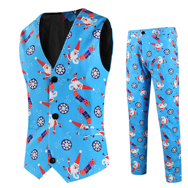 Men's Fresh Printed Vest Suit #2TZMK652 - Suits | Blue / M