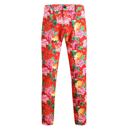 Men's Red Floral Print Suit Set - Pants | Multicolour / M