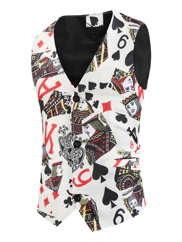 Men's Poker Print Vest Suit