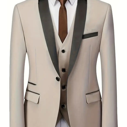 Men's Three Piece Suit Wedding Groom Formal Wear - | Beige / XS