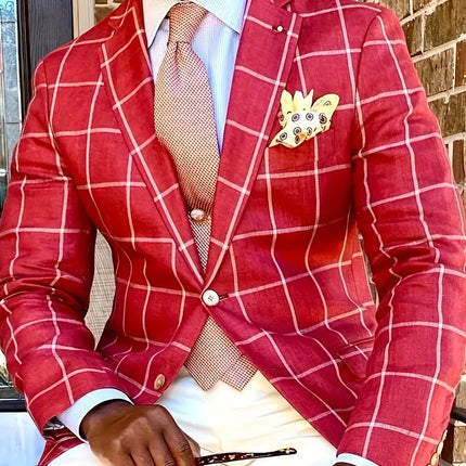 Men's British Style Plaid Blazer #25061022 - Blazers | Red / M