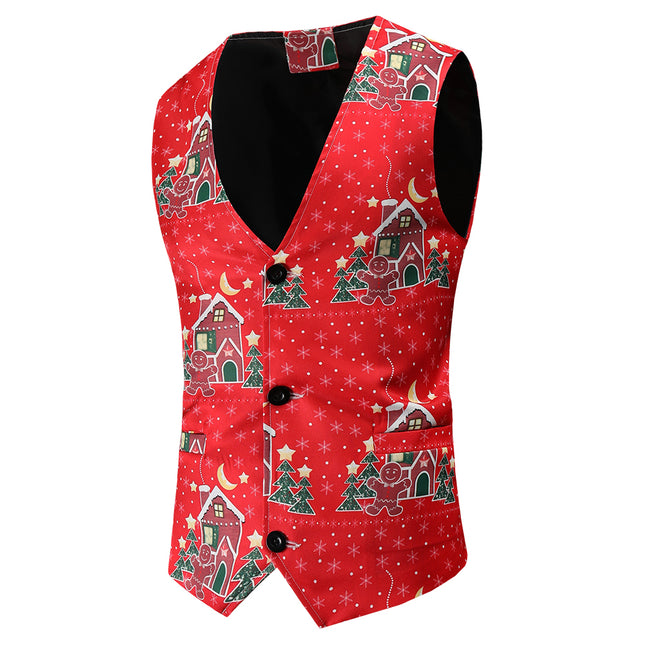 Men's Christmas Printed Vest Suit #2TZMK48 - Suits | Red / M