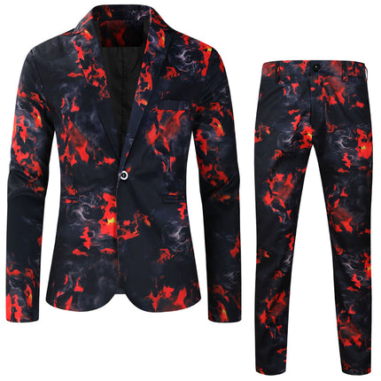 Men's Flame Print Suit Set - Red & Black Camouflage Blazer and Pants - Suits | Multicolour / M