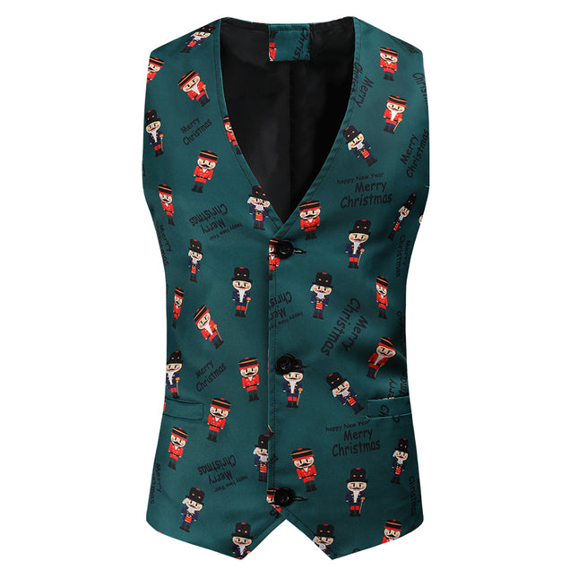 Men's Christmas Vintage Print Vest #MJ44 - Vests | Olive Green / M