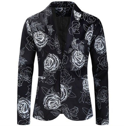 Men's Black & White Rose Print Suit Set - Floral Slim Fit Blazer and Pants - Suits | Multicolor / M