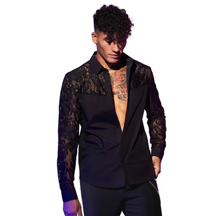 Men's Lace Patchwork Shirt #25630032 - | Black / S