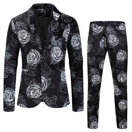 Men's Black & White Rose Print Suit Set - Floral Slim Fit Blazer and Pants - Suits | Multicolor / M