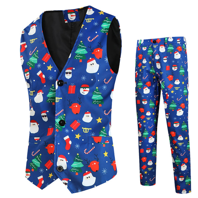 Men's Christmas Printed Vest Suit #2TZMK639 - Suits | Blue / M