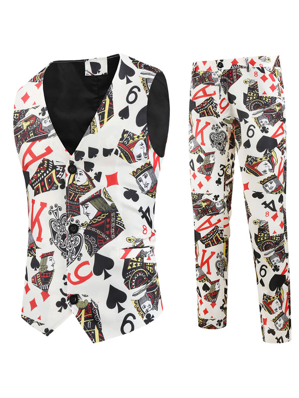 Men's Poker Print Vest Suit