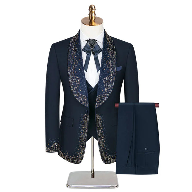 Men's 3 Piece Stylish Dotted Suit #S8284 - Suits | Blue / XS